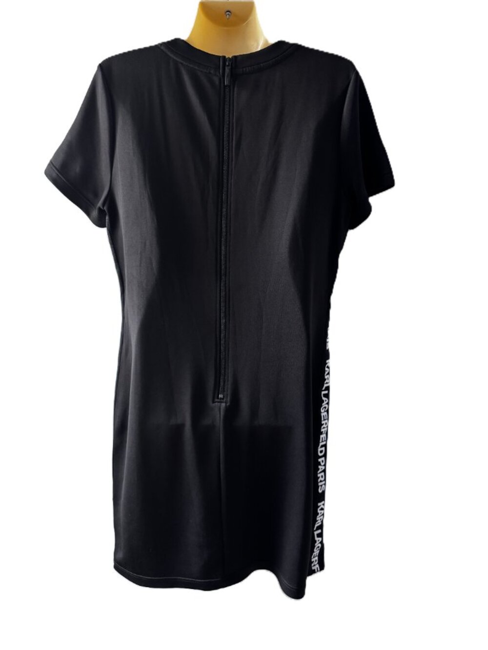 Karl Lagerfeld Paris Black Lace Short Sleeve Shift Dress Logo Side Tape Sz L 1 - Picture 4 of 6